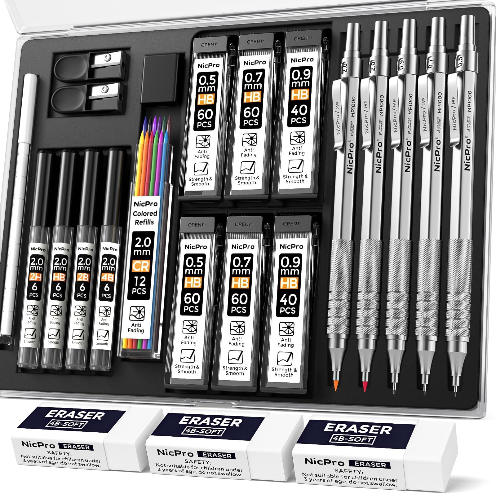 Nicpro 22PCS Metal Mechanical Pencil Set in Case, Art Drafting Pencil 0.5, 0.7, 0.9 mm & 2 PCS 2mm Mechanical Drawing Pencils with 396PCS Leads (4B 2B HB 2H Colored) for Drawing Writing Sketching