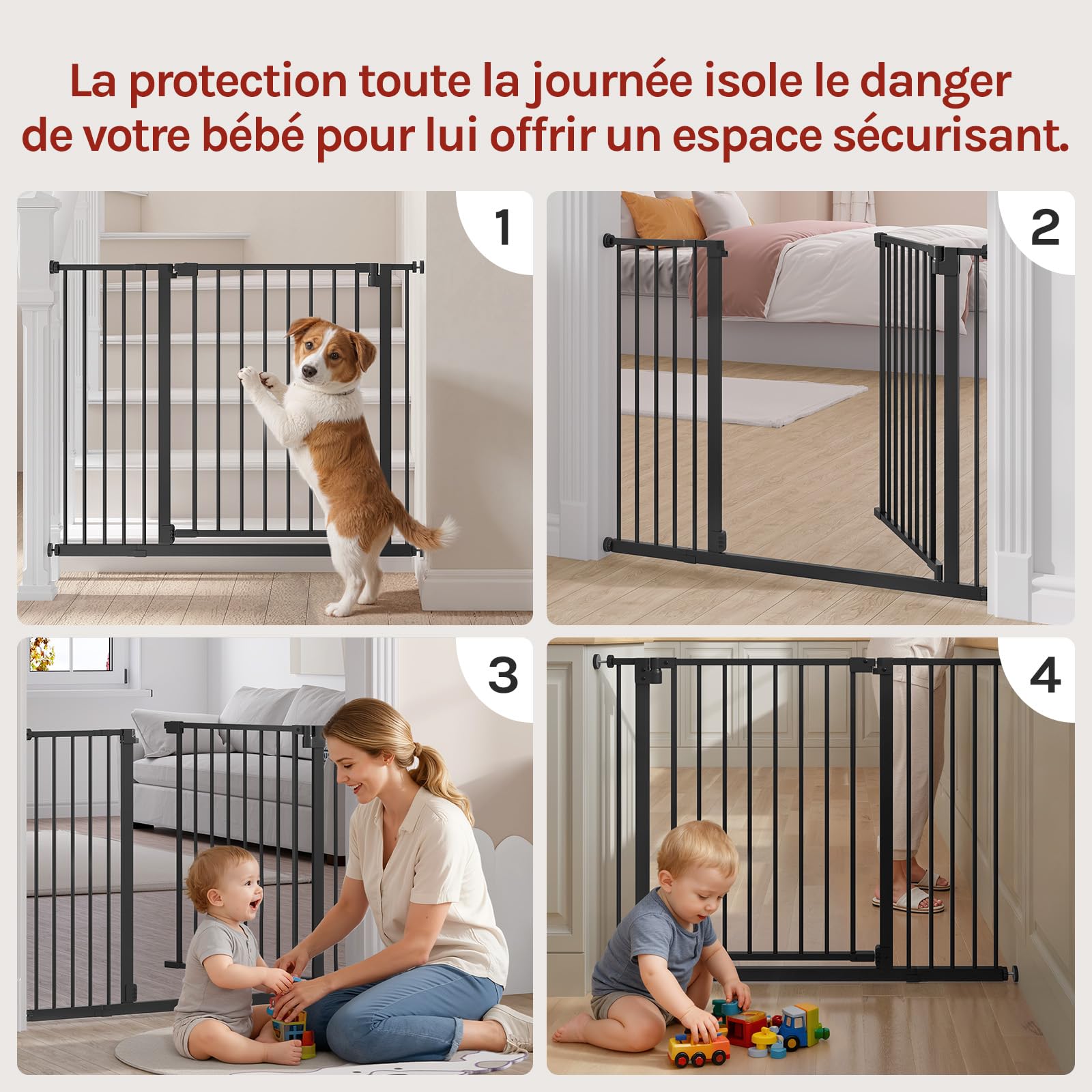 WOLTU Barrière de Sécurité, Barrière d'Escalier et Porte pour Enfant, Chien, Chat, pour Passage de 75-87cm de Largeur, Double Loquet, Fermeture Automatique, en Métal, Noir | Barrière d'escalier pour bébé et chien - Ouverture à une main - Double verrouilla