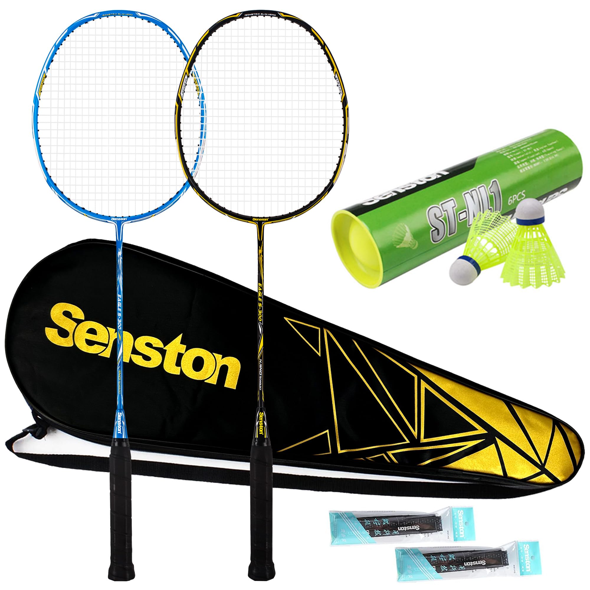 Senston Badminton Set S300 Graphite Full-Carbon Badminton Rackets With Carry Case, 2 Badminton Rackets 1Tube Shuttlecocks and 2 Overgrips