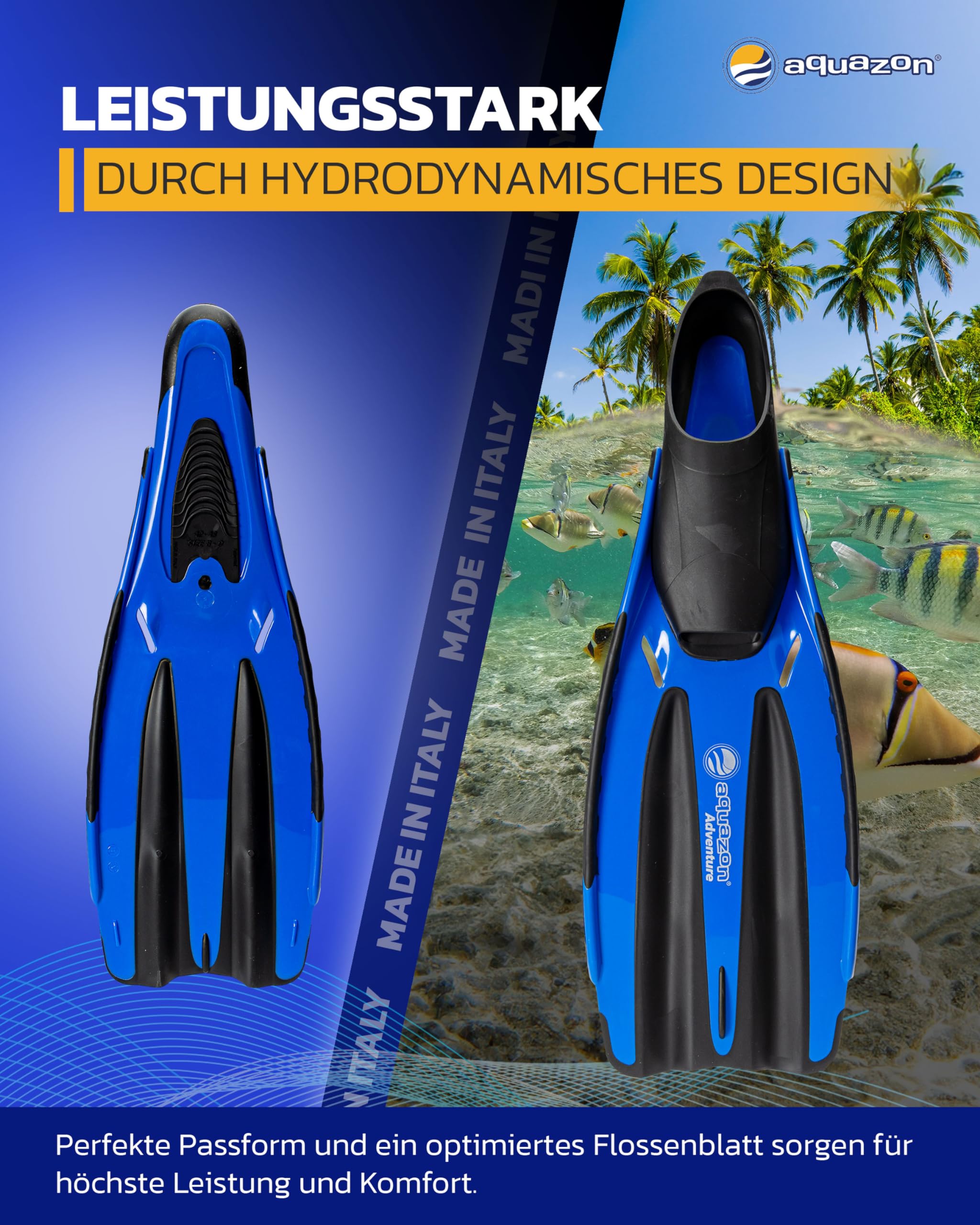 AQUAZON Adventure Marken Flossen-technisch hervorragende Schnorchelflosse mit extra weicher Fußtasche-optimaler Vortrieb durch hydrodynamische Optimierung