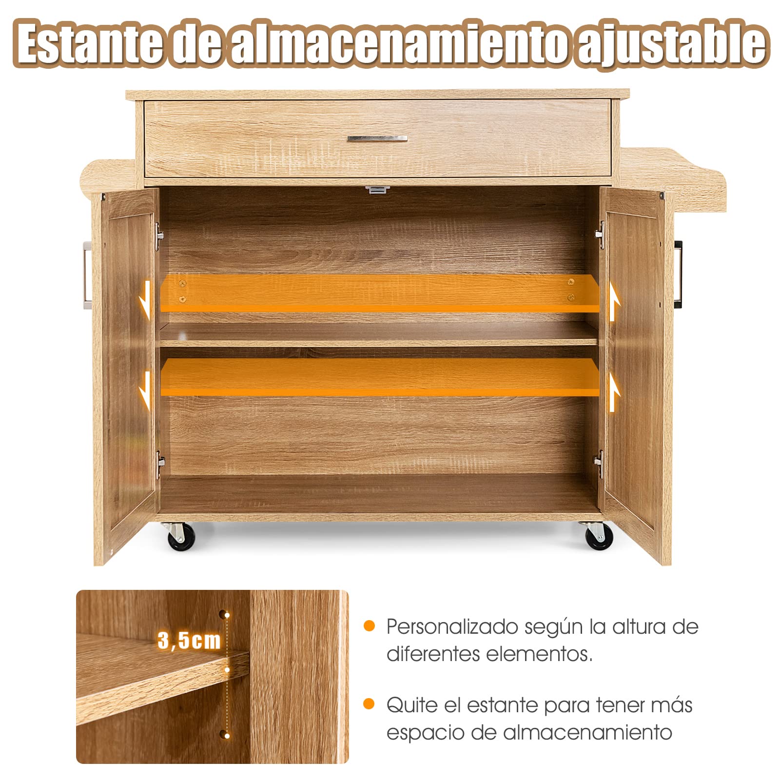 COSTWAY Carrito de Cocina Carro de Servicio Comedor con Ruedas,Toallero,Cajón, Puerta y Estantes Gabinete Mueble de Cocina (Natural)