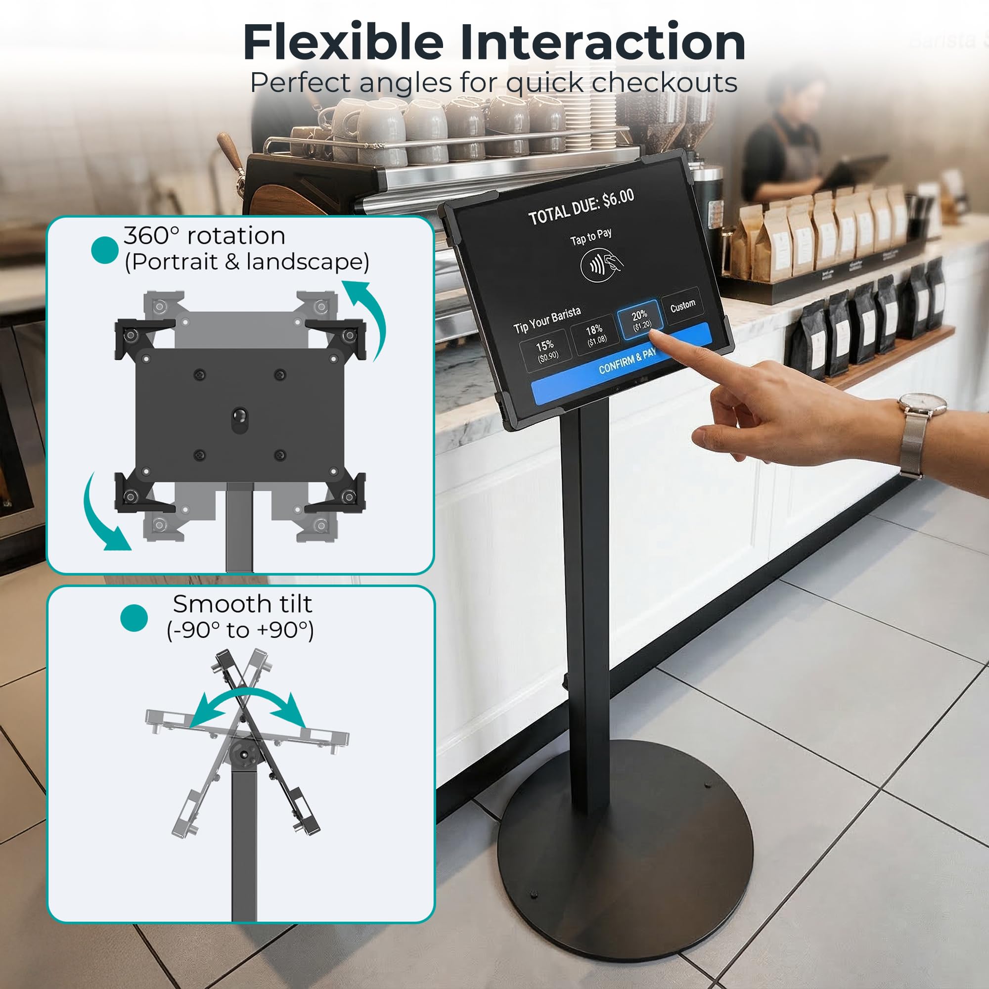 Diebstahlsicherer iPad Kiosk Ständer, Höhenverstellbarer Tablet Bodenständer Für POS Kasse, Halterung 10-14" iPad Pro 12.9 11 10.9, Galaxy Tab, Surface Pro, 360° Drehbar, Schwarz