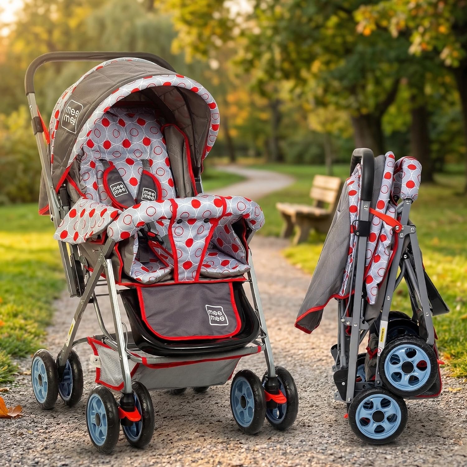Mee Mee Little Explorer Baby Stroller/Pram for 0 to 3 Years, New Born/Kids, 5 Point Safety Harness, Adjustable backrest, 360 Swivel Wheel, Large Storage Basket, Reversible Handlebar Net (Modern, Red)-image-13