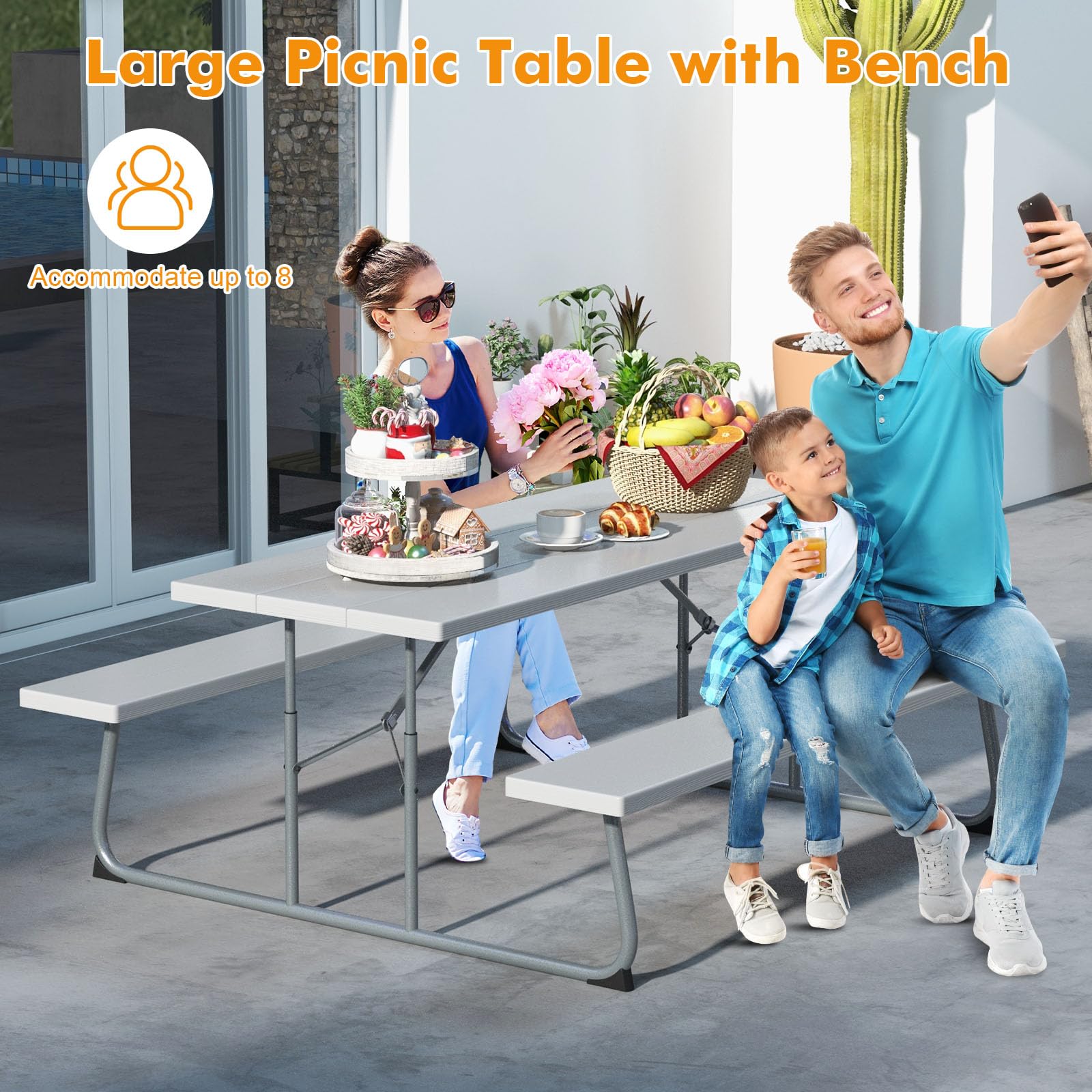 GIANTEX Set tavolo da picnic con panchine, set di mobili da giardino pieghevole per 8 persone con telaio in metallo piano in HDPE, 183 cm foro per ombrellone, grigio