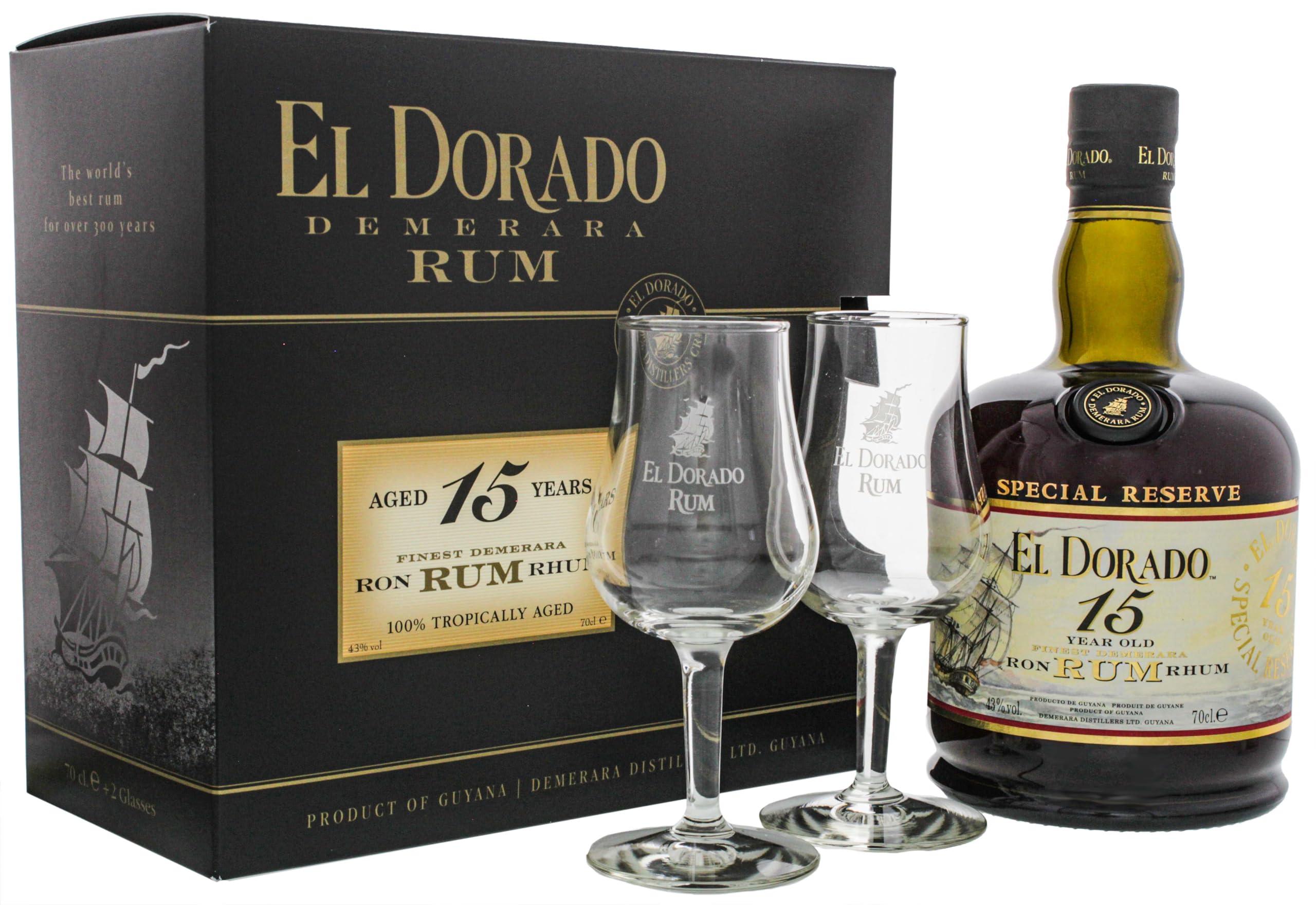 El Dorado I Demerara Rum 15YO I 700 ml Flasche I 43% Volume I Brauner-Rum in der Geschenkbox mit 2 Gläsern