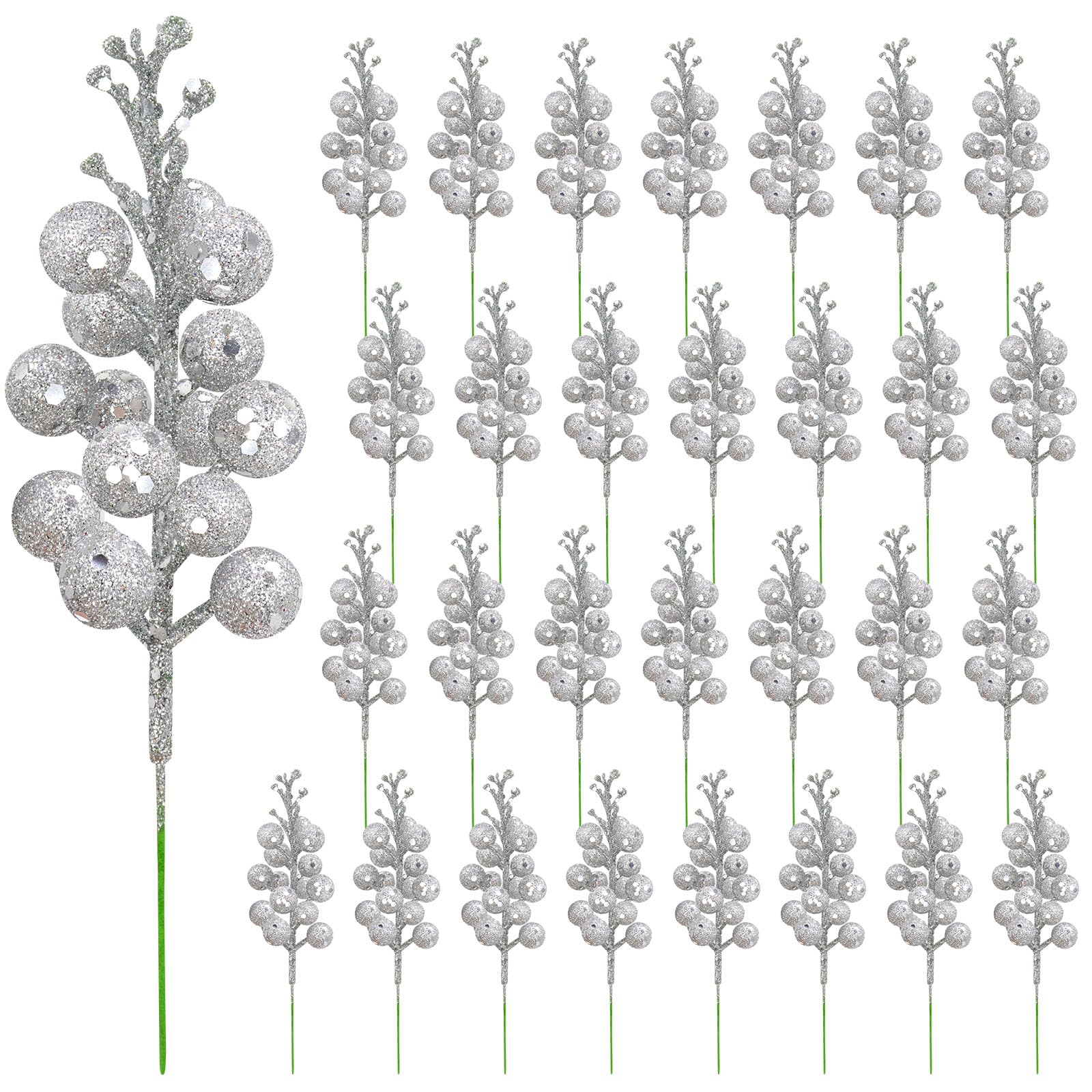 Yueshop 30 PCS Christmas Artificial Berries Stems, Christmas Tree Decorations Silver Berry Stems Glitter Berries Branches Christmas Tree Picks for Wreath Wedding Party DIY Crafts Xmas Tree Decoration