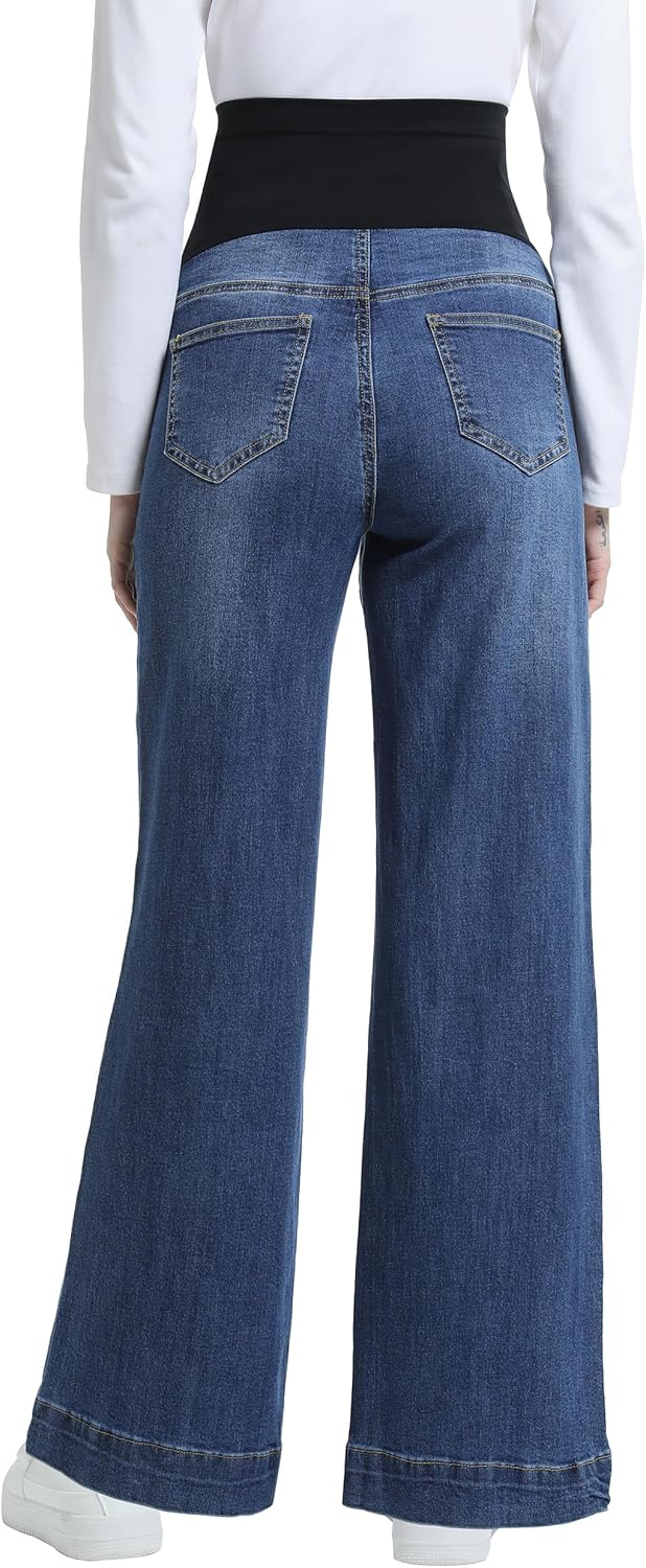 Women's Maternity Jeans Wide Leg Over The Belly Support Stretch Pregnancy Denim Loo... - Image 5