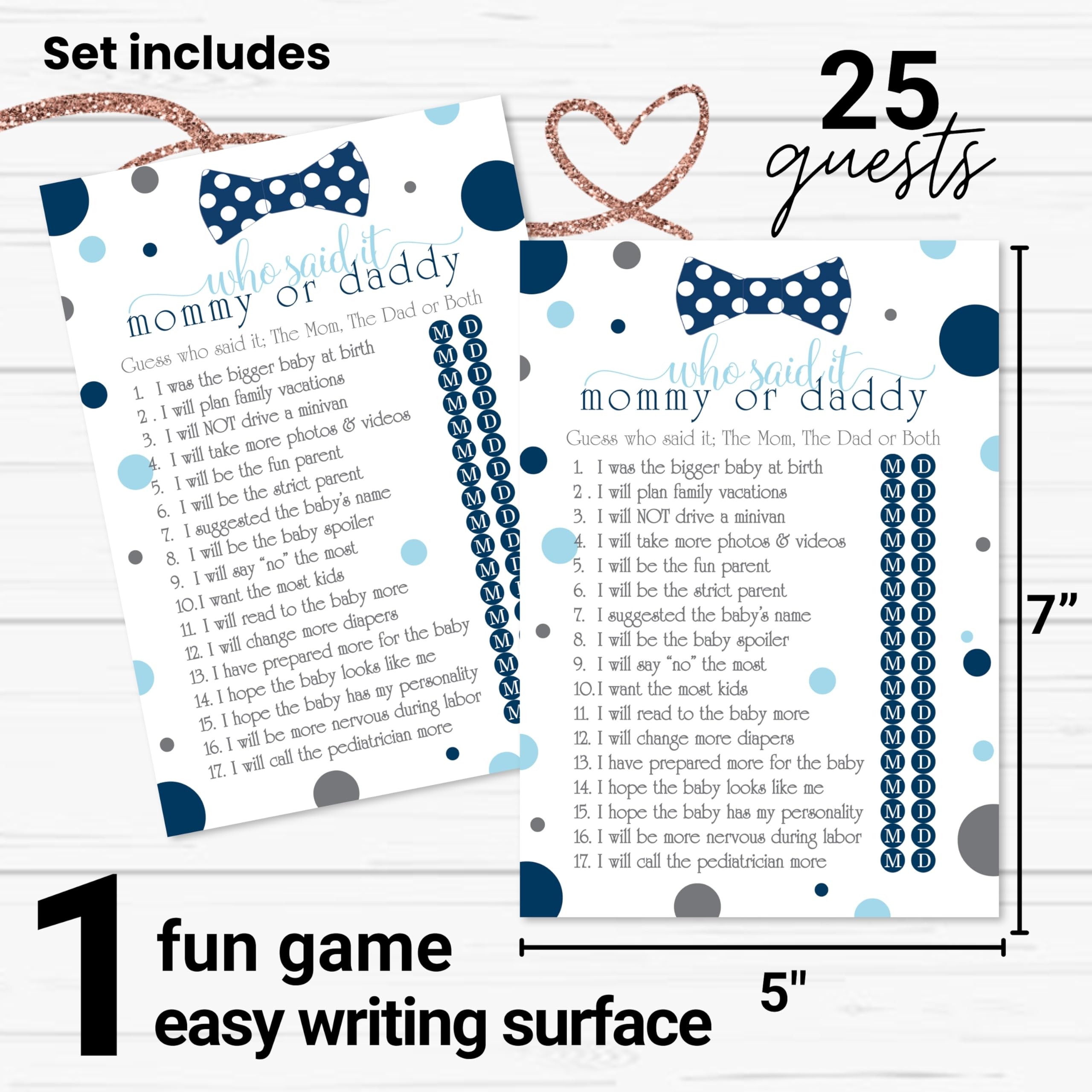 Paper Clever Party Blue Baby Shower Games for Boys - 25 Guess Who Mommy or Daddy Game Cards - Fun Prize Guessing Activities for Guests - Navy and Grey Little Man Bowtie Theme