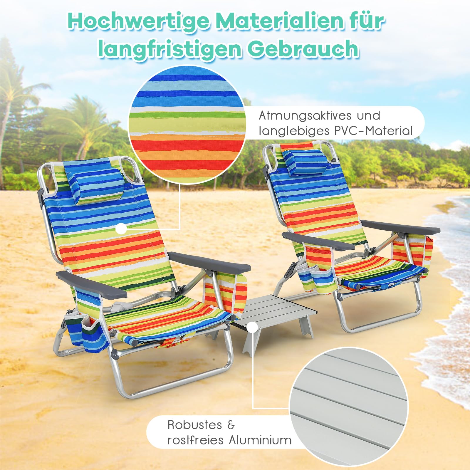 COSTWAY Strandstühle und Tisch Set, klappbare Campingstühle mit Verstellbarer Rückenlehne, Kopfstütze, Seitentaschen, Eisbeutel, Armlehnen & Schultergurten, Klappstühle leicht, Mehrfarbig