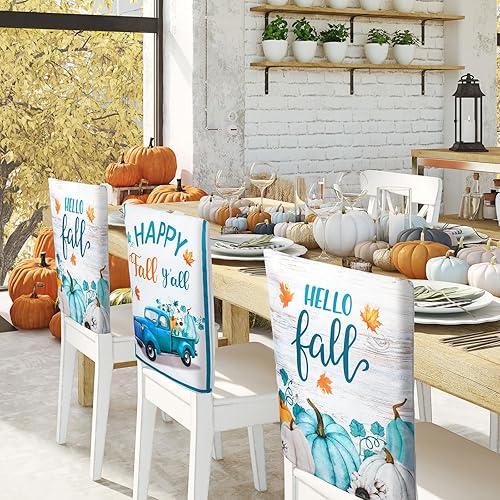 Miniatura 4 de Blulu 4 fundas protectoras para sillas de comedor de Acción de Gracias, calabazas blancas y azules, gnomo, decoraciones de otoño, fundas de asiento
