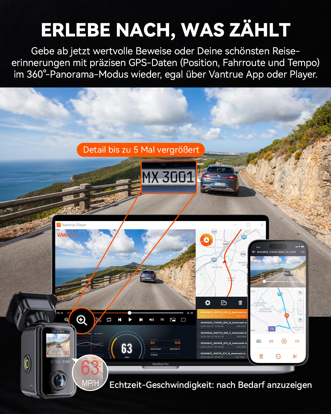 VANTRUE E360 Panorama Dashcam Auto Vorne Innen, 1.54″ Touchscreen | Dual STARVIS 2 HDR Dash Cam, 360° Parküberwachung mit WiFi App, GPS, max. 1TB Erweiterbar (Heckkamera/Tragehalterung)