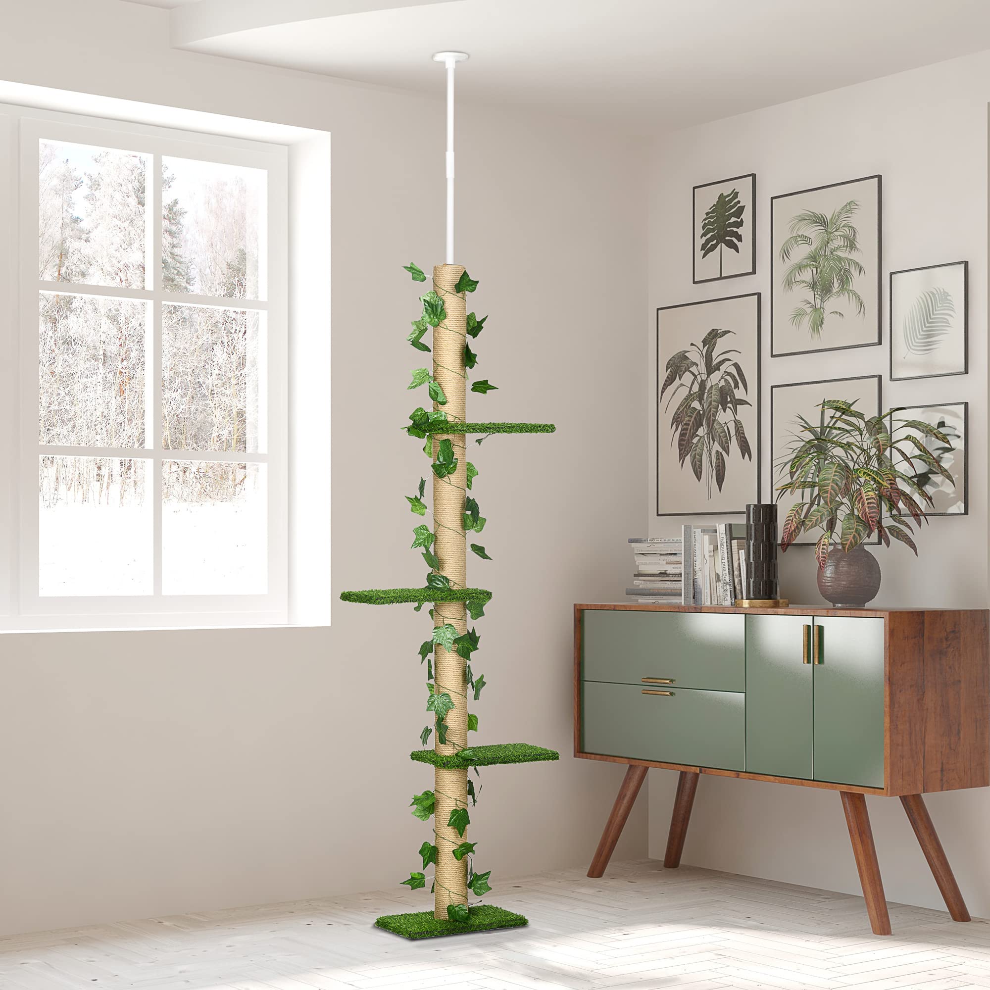 PawHut Arbre à Chat Poteau à griffer Fixation Plafond Hauteur réglable 37 x 21 x 202-242 cm 4 Niveaux - Gazon et Feuilles artificiels Vert
