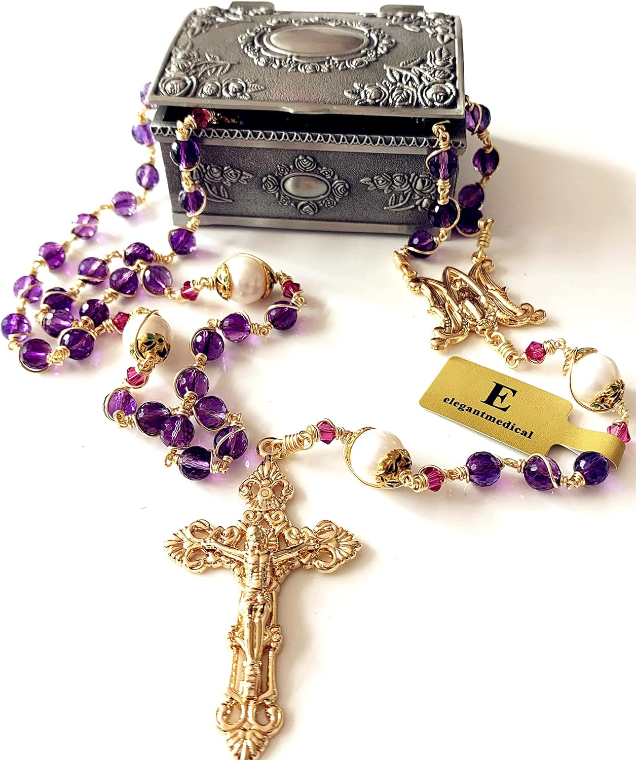 elegantmedical HANDMADE Gold Wire Wrapped Amethyst Beads &10mm Real Pearl Beads Rosary Cross/Crucifix Necklace Gift Box (Amethyst)