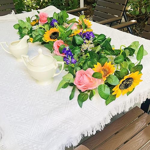 Miniatura 6 de Guirnalda de girasoles de seda artificial, eucalipto y vid, corona de rosas artificiales con hojas verdes para decoración de mesa de boda (girasol