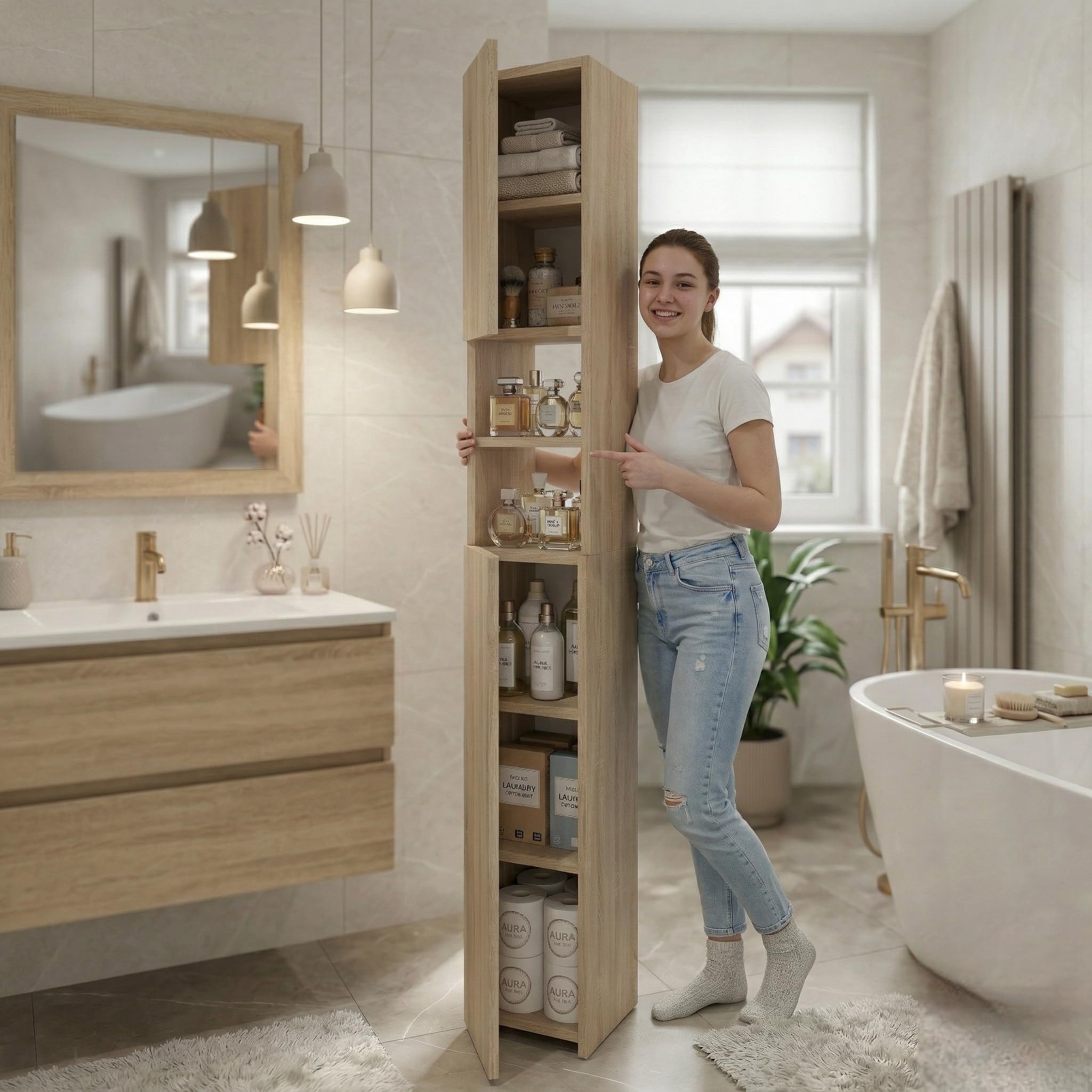 CraftPAK Armoire de Salle de Bain Largeur 24 cm, Colonne étroite en Bois, 7 Compartiments réglables, 2 Portes | Brun