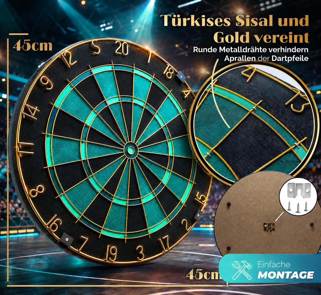 Dartscheibe Dartboard Sisal Professionell Türkis mit Goldener Zahlenring & Pfeilen - Profi Steeldartscheibe - Dart Scheibe Target mit 6 Dartpfeilen Metallspitze golddart Flight Barrels shafts schäfte