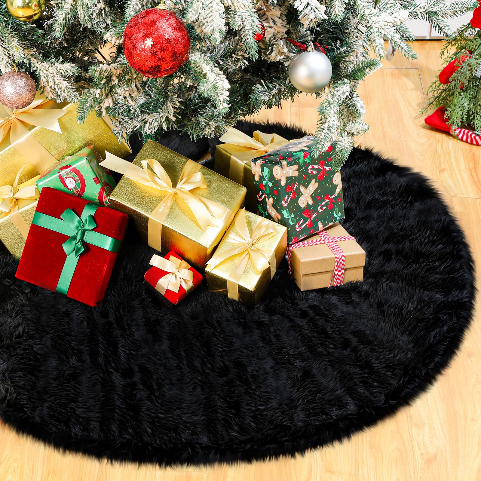 Civaner Black Christmas Tree Skirts Plush Christmas Tree Decorations 48 Inch Faux Fur Plush Christmas Tree Skirt Xmas Tree Mat Christmas New Year Holiday Party Tree Skirts for Indoor Home Ornaments