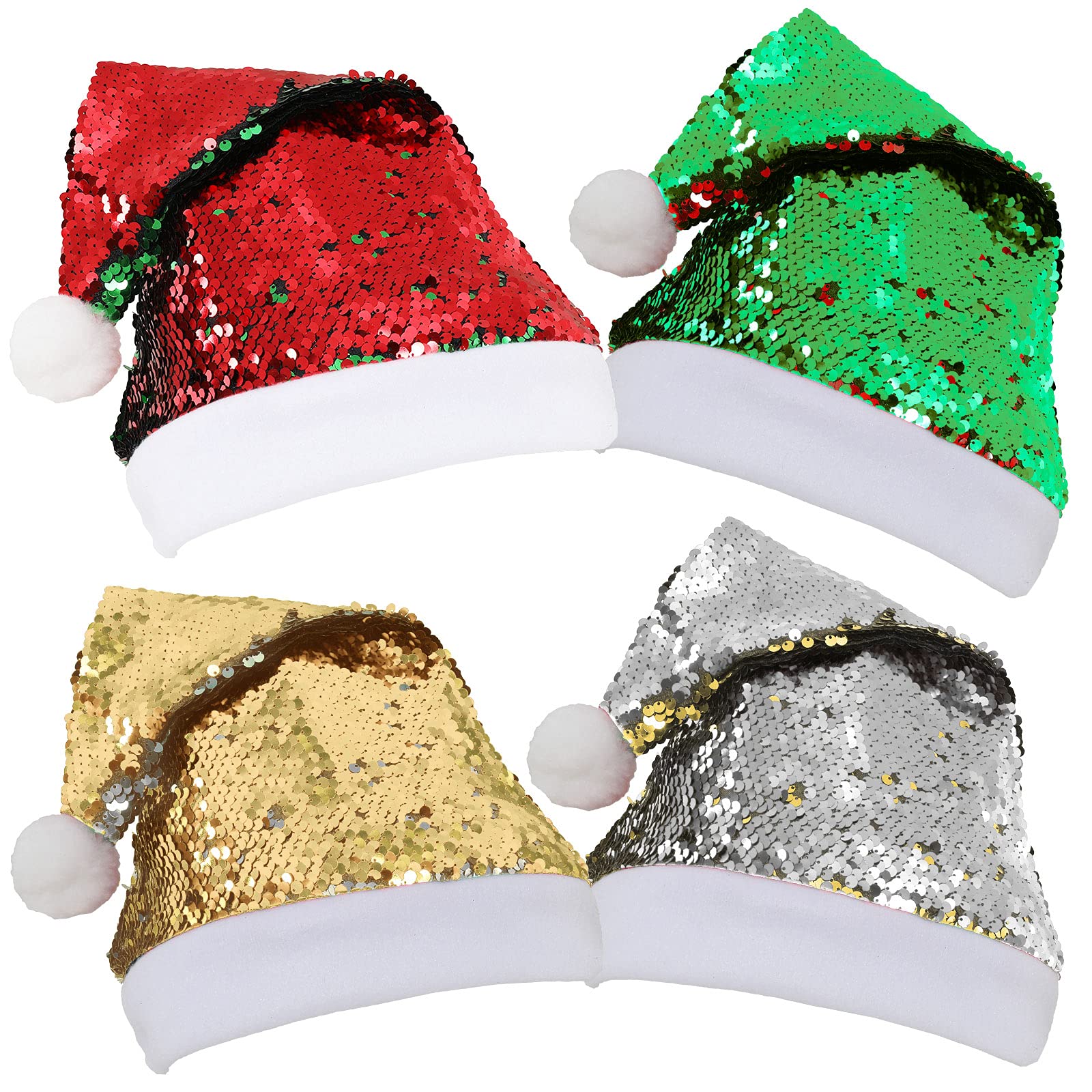 Whaline 4 Pack Christmas Hats 2 Designs Double Side Reversible Sequin Santa Hats 14.2 x 11 Inch Glittery Sparkle Flip Up Sequin Hats for Christmas Winter Holiday Party Accessories Supplies Adults