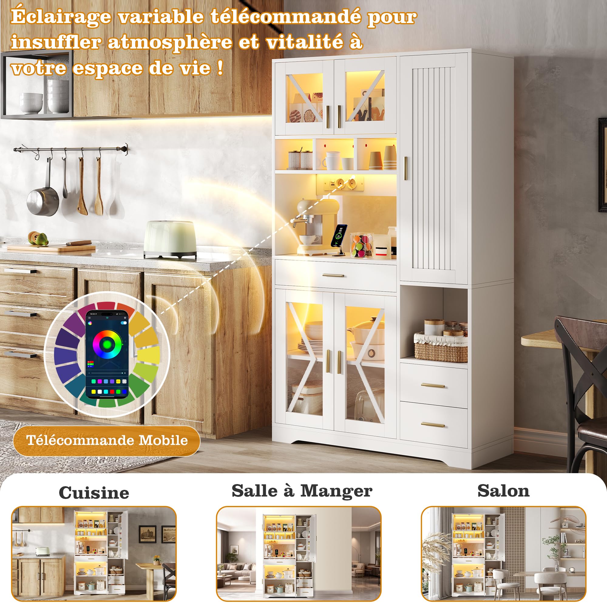 FurnitureR Küchenhochschrank, hoher Küchenschrank 105 x 40 x 185 cm, Weiß, MDF Vorratsschrank mit 5 Türen und 3 Schubladen, APP-LED, Steckdosenleiste, für Pantry, Kaffeeecke und offene Wohnküche