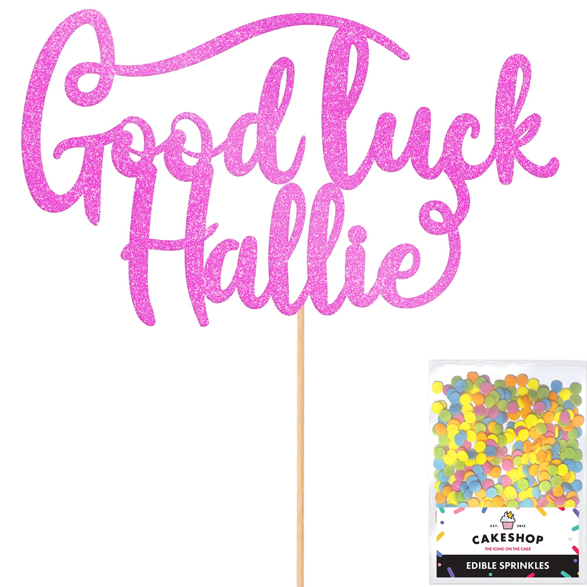 Cakeshop Personalised Good Luck Glitter Cake Topper With Sprinkles - Light Pink Custom Colour - Any Name - Double-Sided Glitter Card Cake Decoration - Custom Toppers for Cakes — image 1