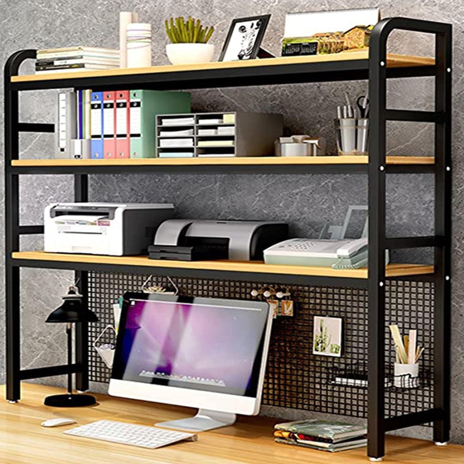 Organizador De Escritorio De Oficina 3 Niveles - Estante Librería De Sobremesa, Estantería Ajustable De Madera Metal, Organizador De Escritorio, Para La Oficina De La Escuela En Casa(Black,120x24x115c