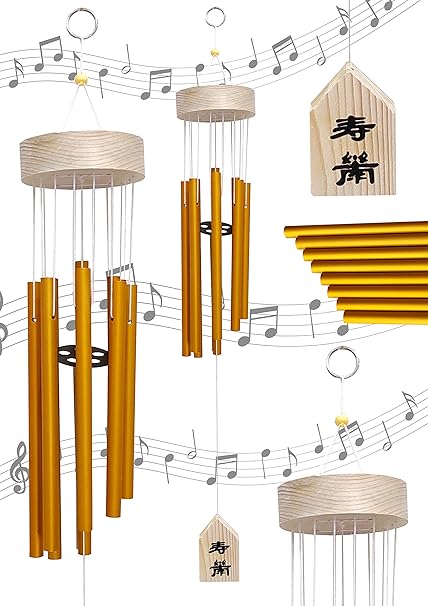 Plus Value Feng Shui Wind Chime Hanging Bells 8 Pipes Rods for Attracting Positive Vibrations Energy Home Office Balcony Living Room Bedroom Garden & Outdoors (Aluminium Metal, Gold) Windchimes