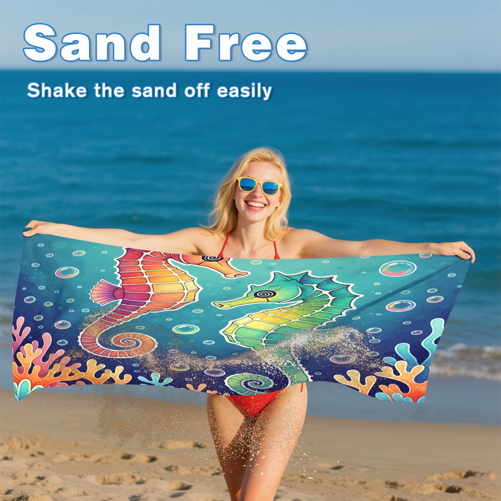Serviette de Plage XXL Microfibre Hippocampe Animaux Marins Tropicale, Drap de Plage Séchage Rapide Anti Sable & Légère, Serviette de Bain Grande Taille 200x200 cm, Accessoire & Cadeau été