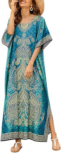Goood Times Plus Size Kaftan Long Maxi Kimono for Women, 52" Length, 3/4 Sleeves, Kaftan Nightgown for Women