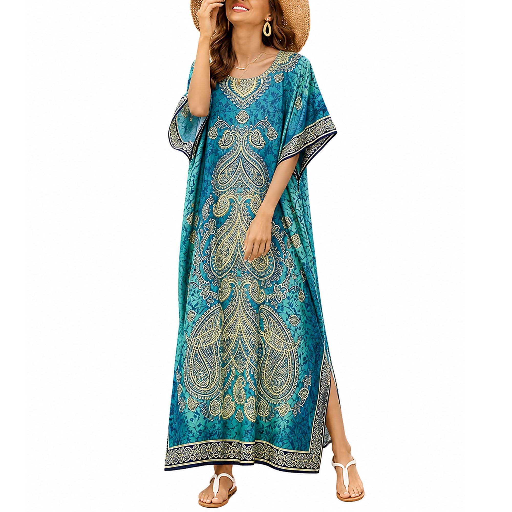 Goood Times Gypsie Blu Women Long Caftan Dress Maxi Paisley Pattern Golden Print