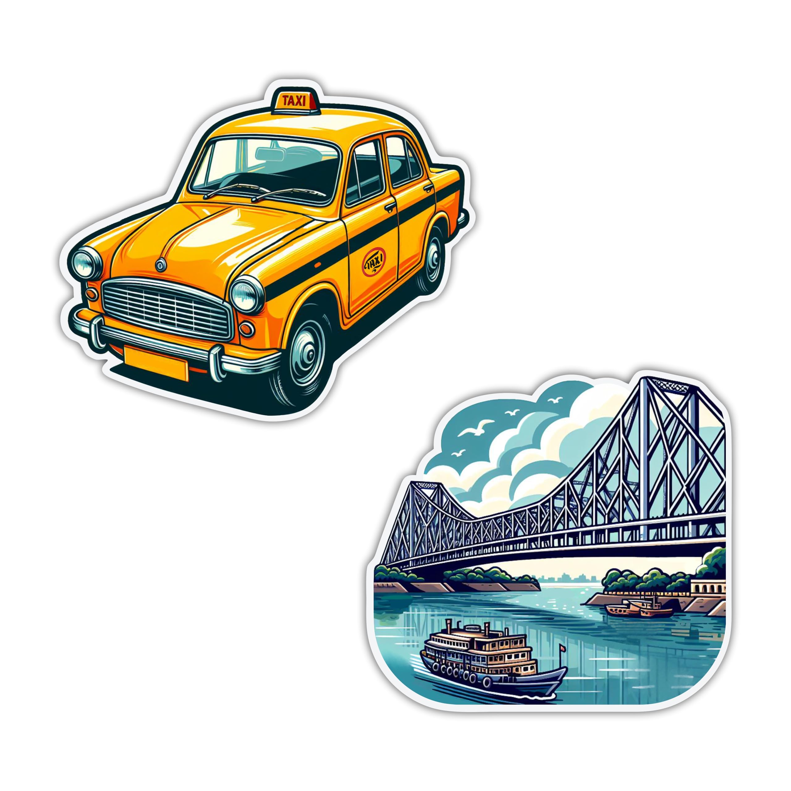 Howrah Bridge & Yellow Taxi Kolkata Fridge Magnet Set - Premium Acrylic Magnets for Kitchen & Home Decor (Set of 2 Kolkata Magnet for Fridge)