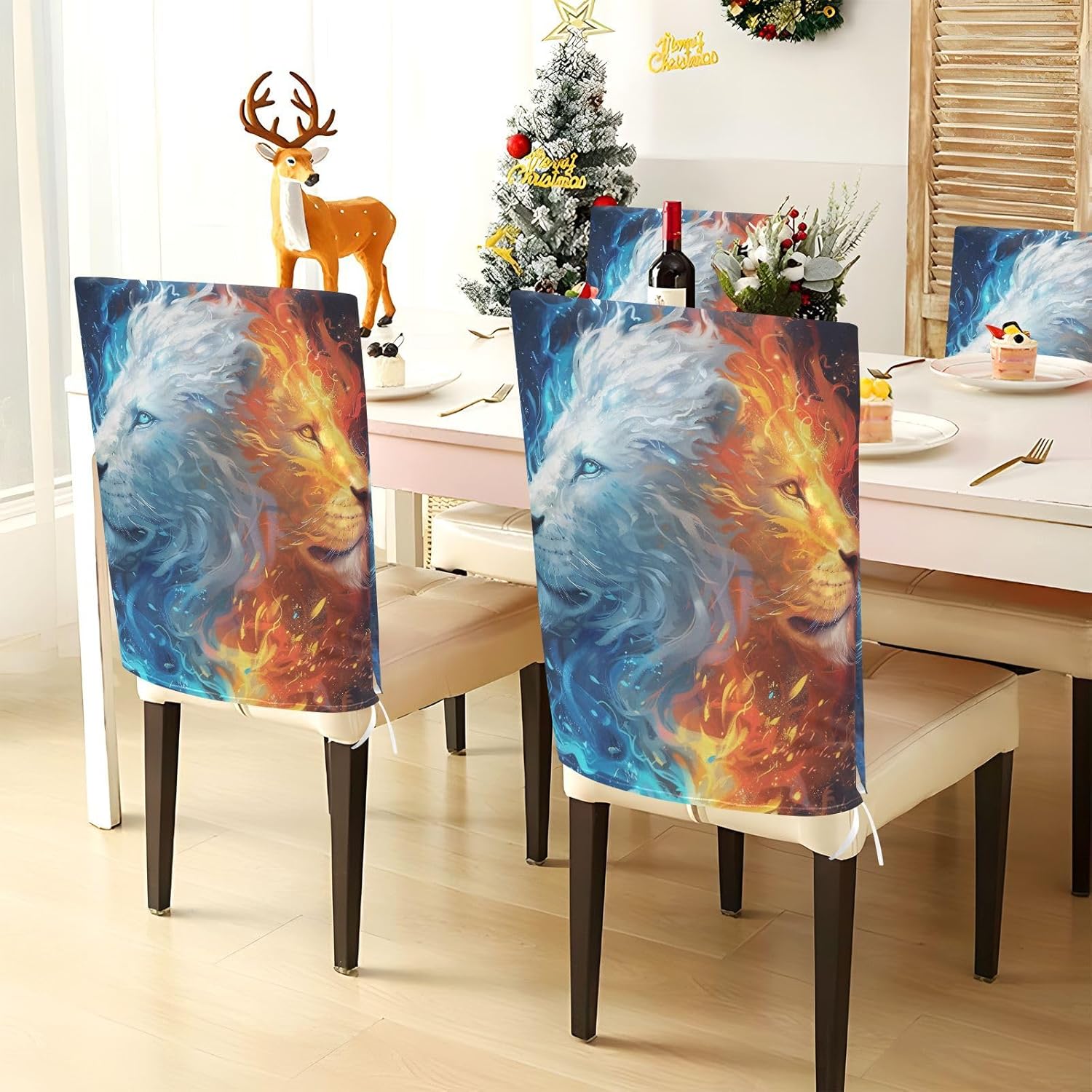 ALAZA Cool Lion in Ice and Fire Chair Back Cover Set of 6, Washable Reusable Removable Chair Slipcovers Decorative Chair Cover for Home Kitchen Wedding Party