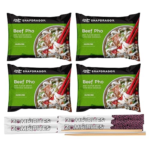 Paquete de fideos Pho de carne de Zombibites. Incluye cuatro fideos Snapdragon Pho de 2.1 onzas en Beef Pho y un imán de nevera Zombibites. Fideos