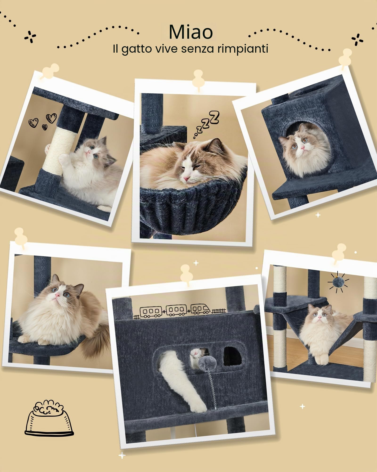 Hzuaneri Albero per Gatti, tiragraffi per gatti adulti 210 cm, xxl, giochi per gatti, Lavabile, trespolo per gattis con 2 Grotte, 8 Tiragraffi, Cestini, Amaca, Pompon, Grigio Scuro MS21018SG