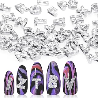 52 Pcs 3D Letters Nail Charms Silver Nail Charms Initial Rhinestones Crystals Shiny Nails Decoration English Alphabet Glitter Manicure Accessories Metal Letters Charm for DIY Craft