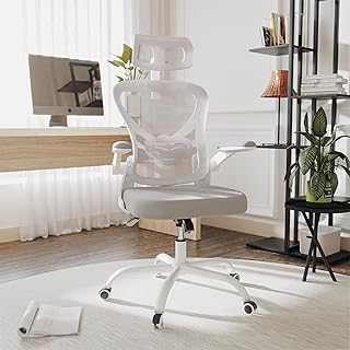 Bürostuhl, Netz-Bürostuhl, Computerstuhl mit hochklappbaren Armlehnen, Schreibtischstuhl mit Verstellbarer Lendenwirbelstütze, ergonomischer Stuhl für Büro und Zuhause (Weiß)