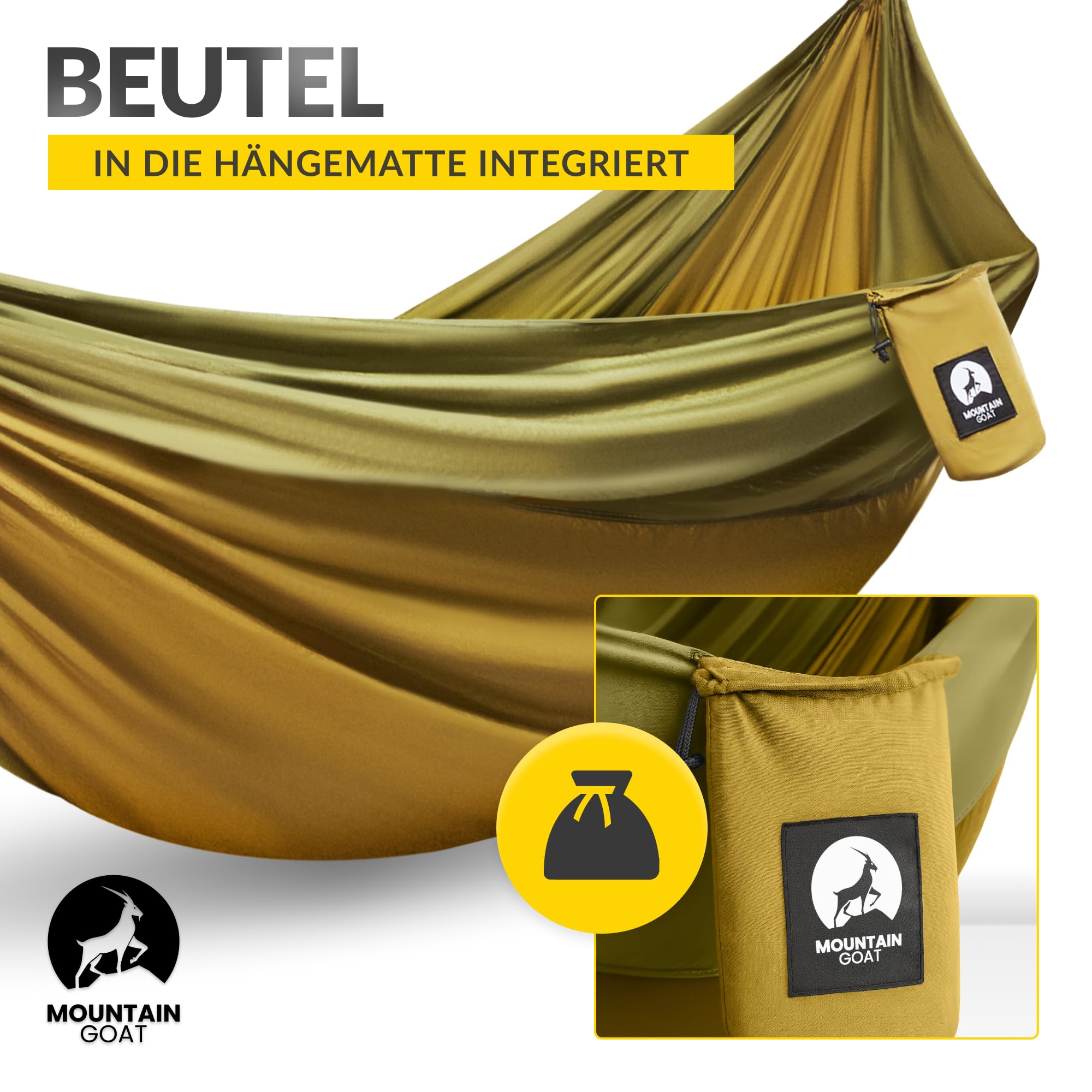 MOUNTAIN GOAT Hängematte Outdoor für 2 Personen, 300 × 200 cm, Doppelhängematte mit Befestigungs-Set, Nylon Camping Reisehängematte, 200 kg Belastung, Grün
