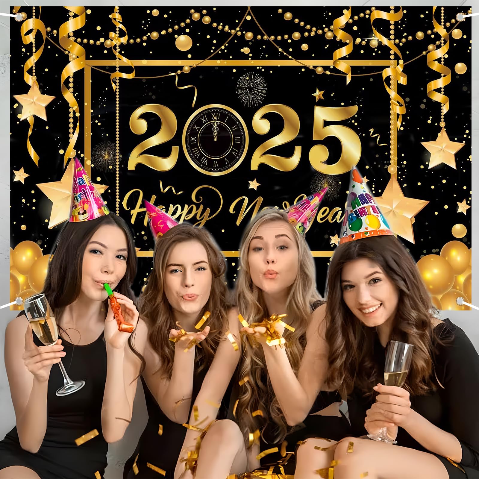 2025 New Year's Eve Decoration Large Happy New Year Banner 2025 Happy New Year Decorations Banner New Years Backdrop Decoration for New Year Indoor and Outdoor Decoration (180 x 110 cm),Black Gold B - Image 3