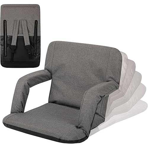PICNIC TIME Ventura Portable Reclining Stadium Seat with Back Support, Folding Bleacher Chairs with Back and Cushion, Thick Padded Stadium Seat and Armrest and Six Backrest Positions, (Heathered Gray)