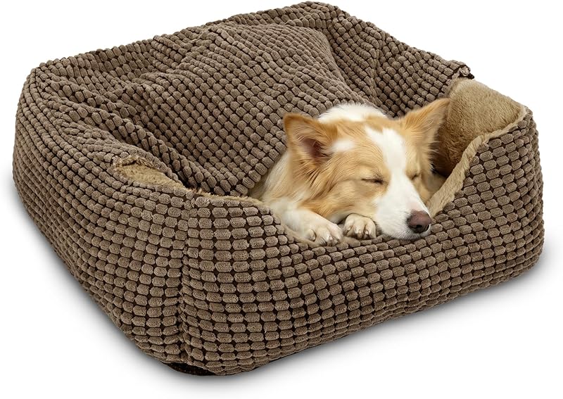Cama Toca para Cães Grande e Extra Grande com Cobertor e Laterais Elevadas GASUR Marrom — 88,9 x 63,5 x 22,86 cm