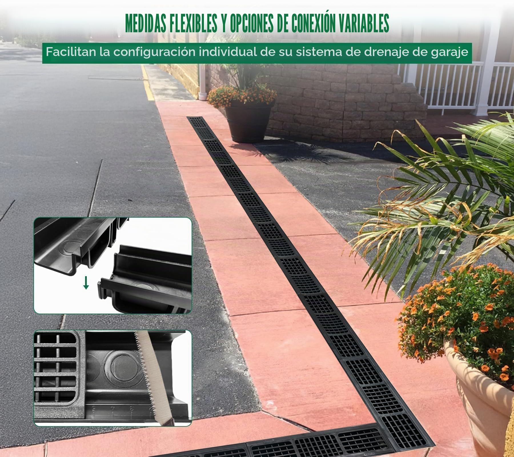 Lote de 6: 500x140x100 mm Drenaje de Terraza en PEAD Negro con Rejilla, B125 drenaje exterior de PEAD, 3m, para el camino, el jardín, la terraza, el garaje, el patio
