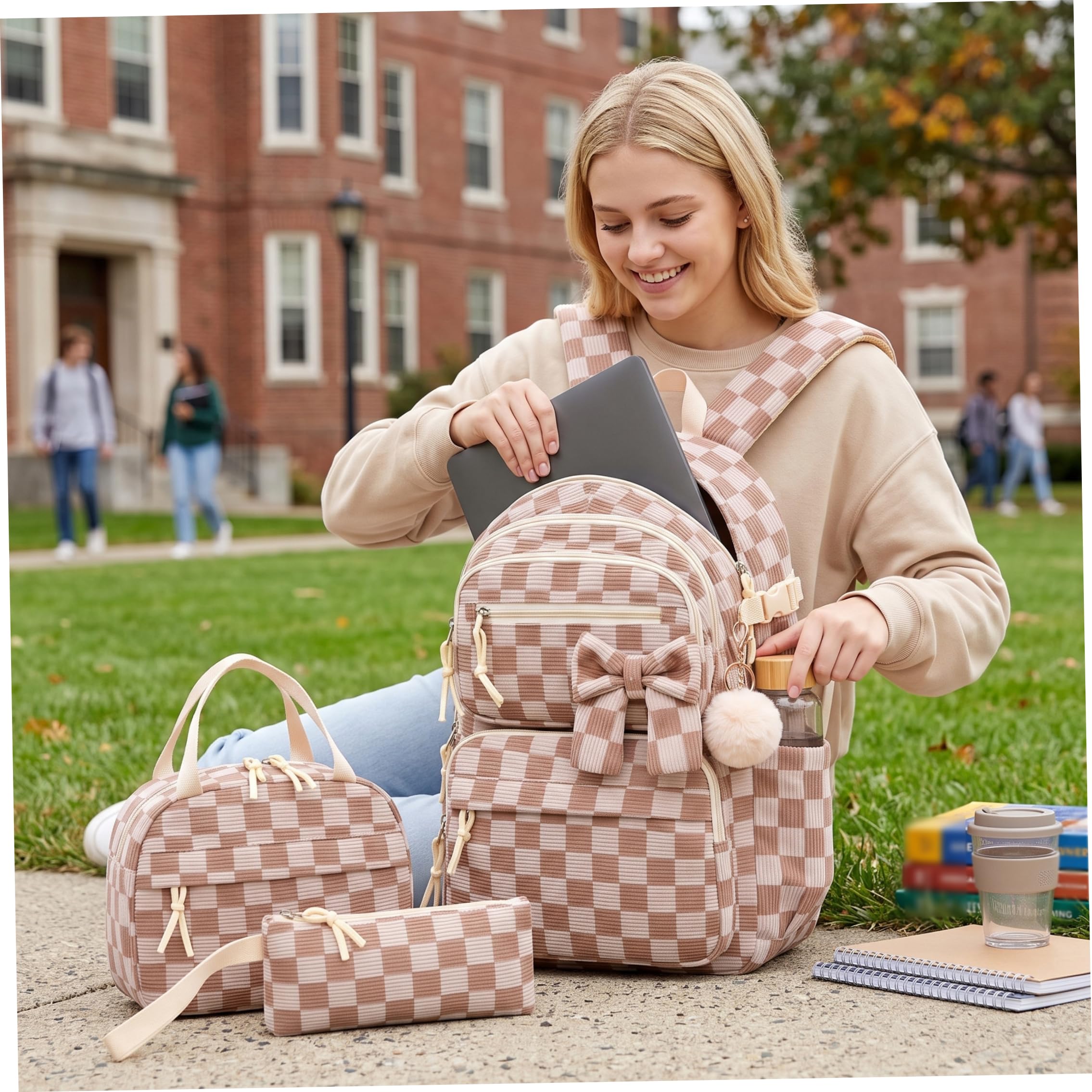 Mochila a Cuadros para niñas de 3 Piezas, Mochila espaciosa de Pana con Fiambrera