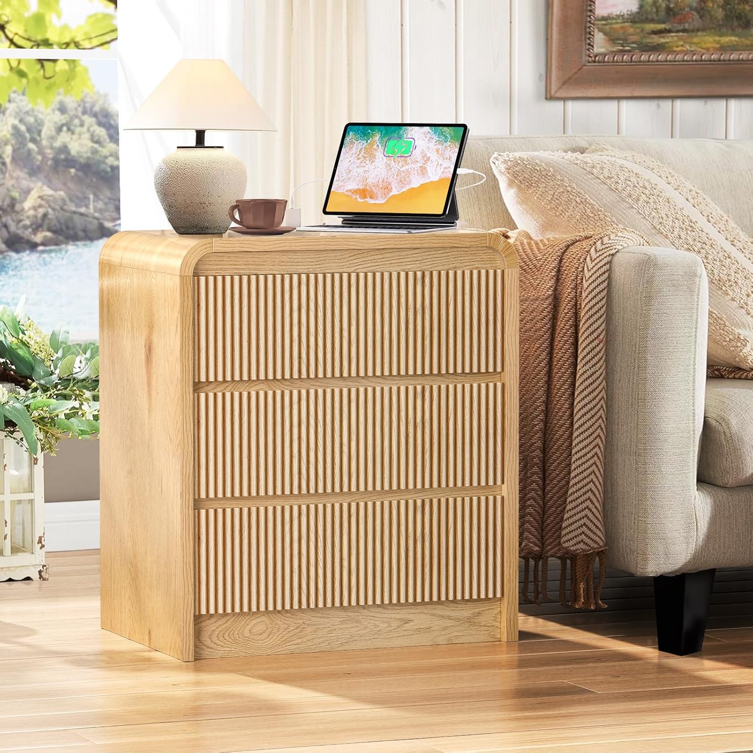 Modern Fluted Night Stand with Charging Station, 25" Tall Wood Nightstand Bedside Table with 3 Drawers & USB Ports, Mid-Century End Table for Bedroom (2, Nature Fluted, 3 Drawers)