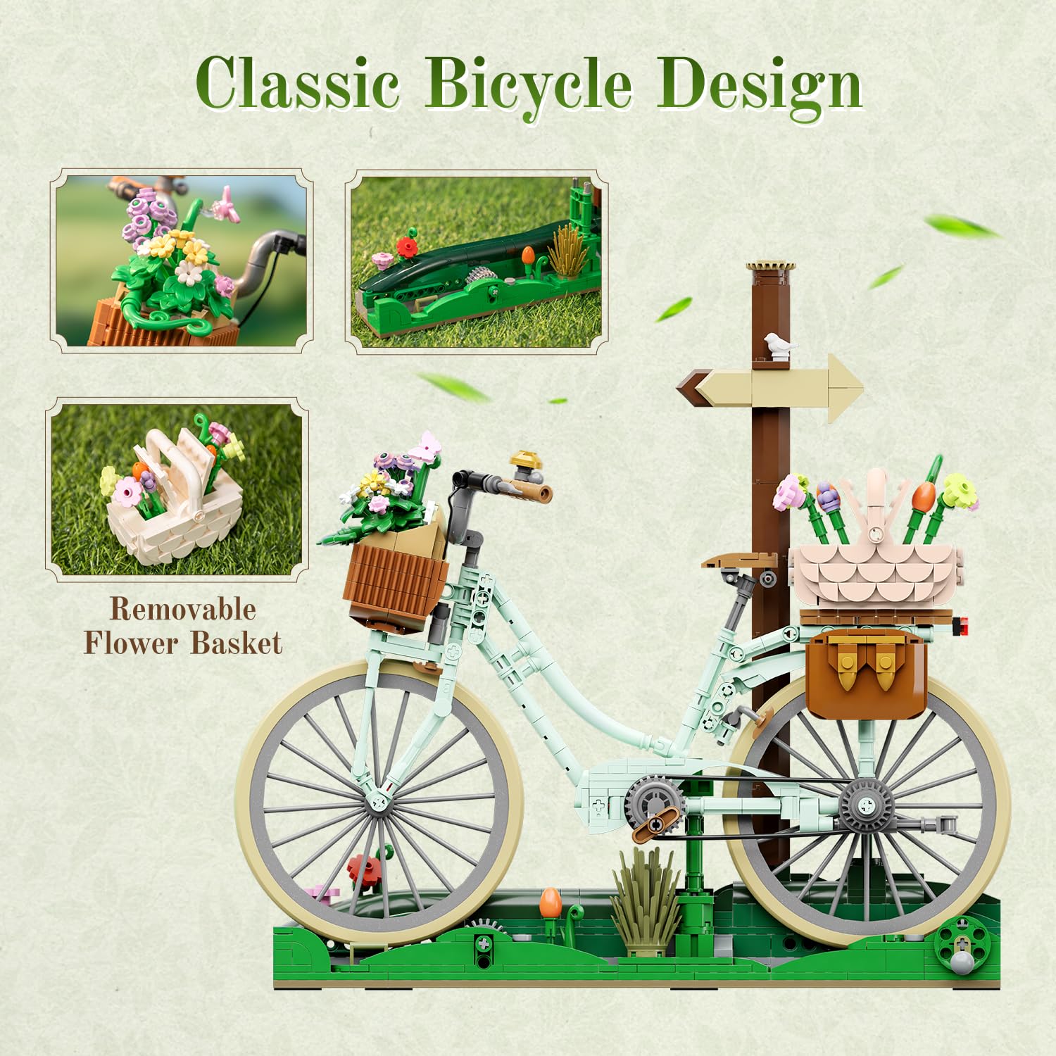 PANTASY Juego de bloques de sujeción para bicicleta, diseño vintage | Juego de construcción de bicicleta para adultos, diseño vintage con cestas de flores, escena de picnic, cachorro, regalo