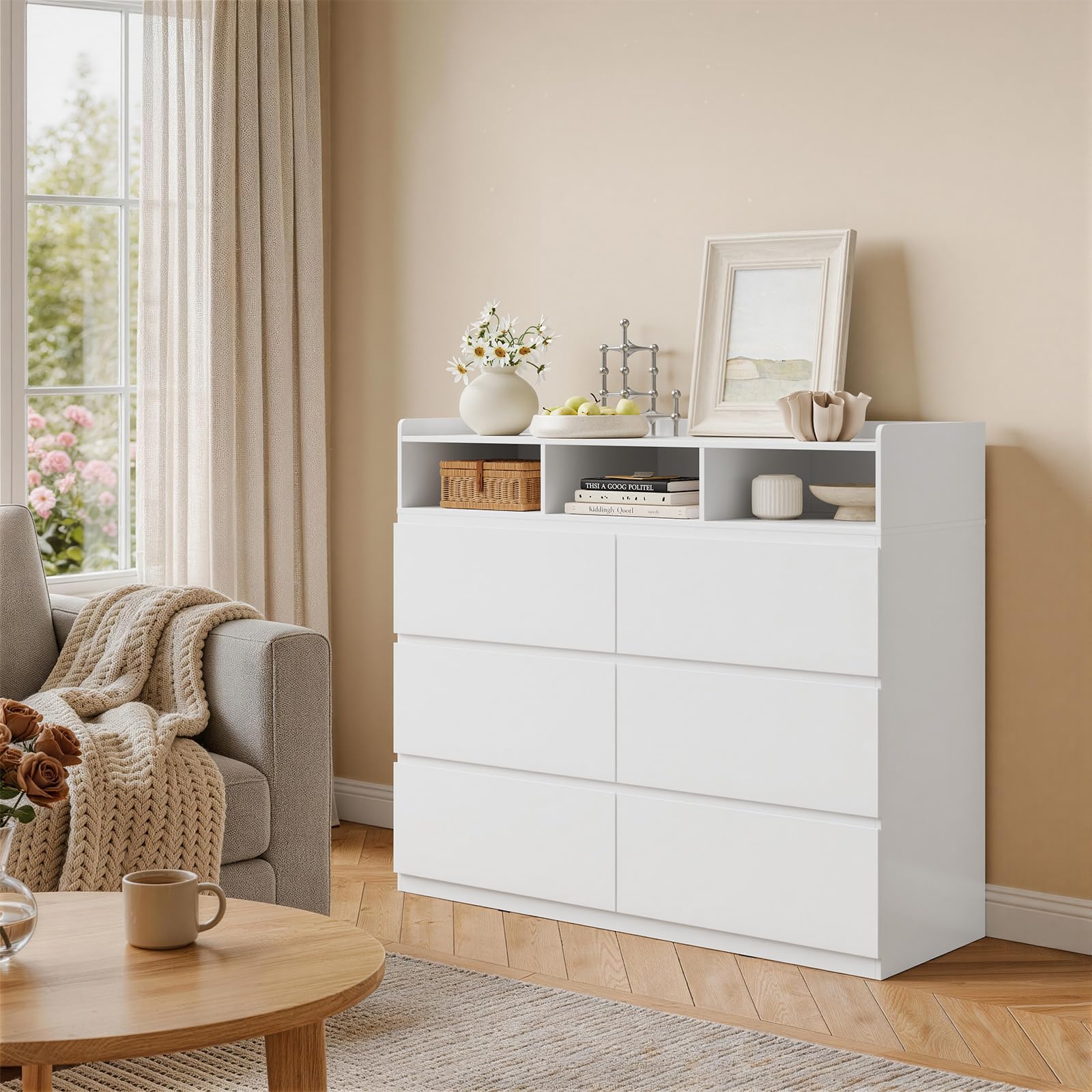 WOLTU Cassettiera con 6 Cassetti, Mobiletto Salvaspazio | con 3 Scomparti Aperti e 1 Piano a Bordi Rialzati, 120x40x100 cm, in Legno, per Camera da Letto, Soggiorno, Ingresso, Bianco