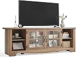LINSY Home TV Stand for 75 Inch TV, Modern Farmhouse Entertainment Center with Storage Cabinets and Glass Doors, Tall Media Console Table for Living Room, Bedroom, Large Long Television Stand, Brown