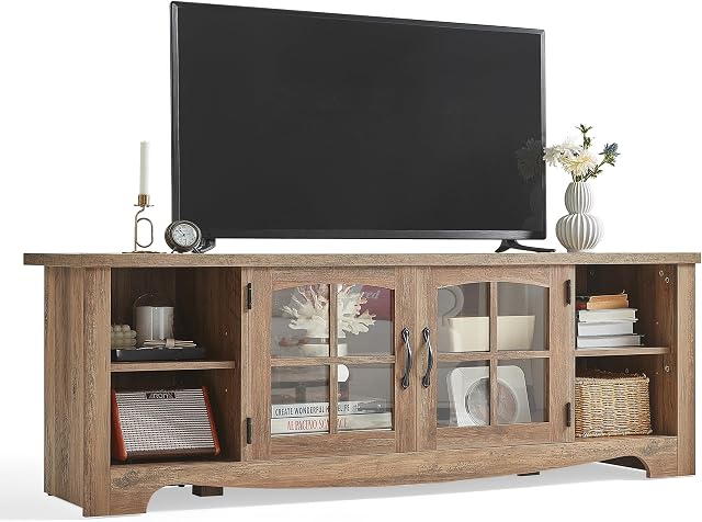 LINSY Home TV Se tenir debout pour 75 1 cm TV, Centre de divertissement agricole moderne avec armoires de rangement et portes en verre, grande console de médias Table pour salon, chambre, grand poste de télévision longue, brun