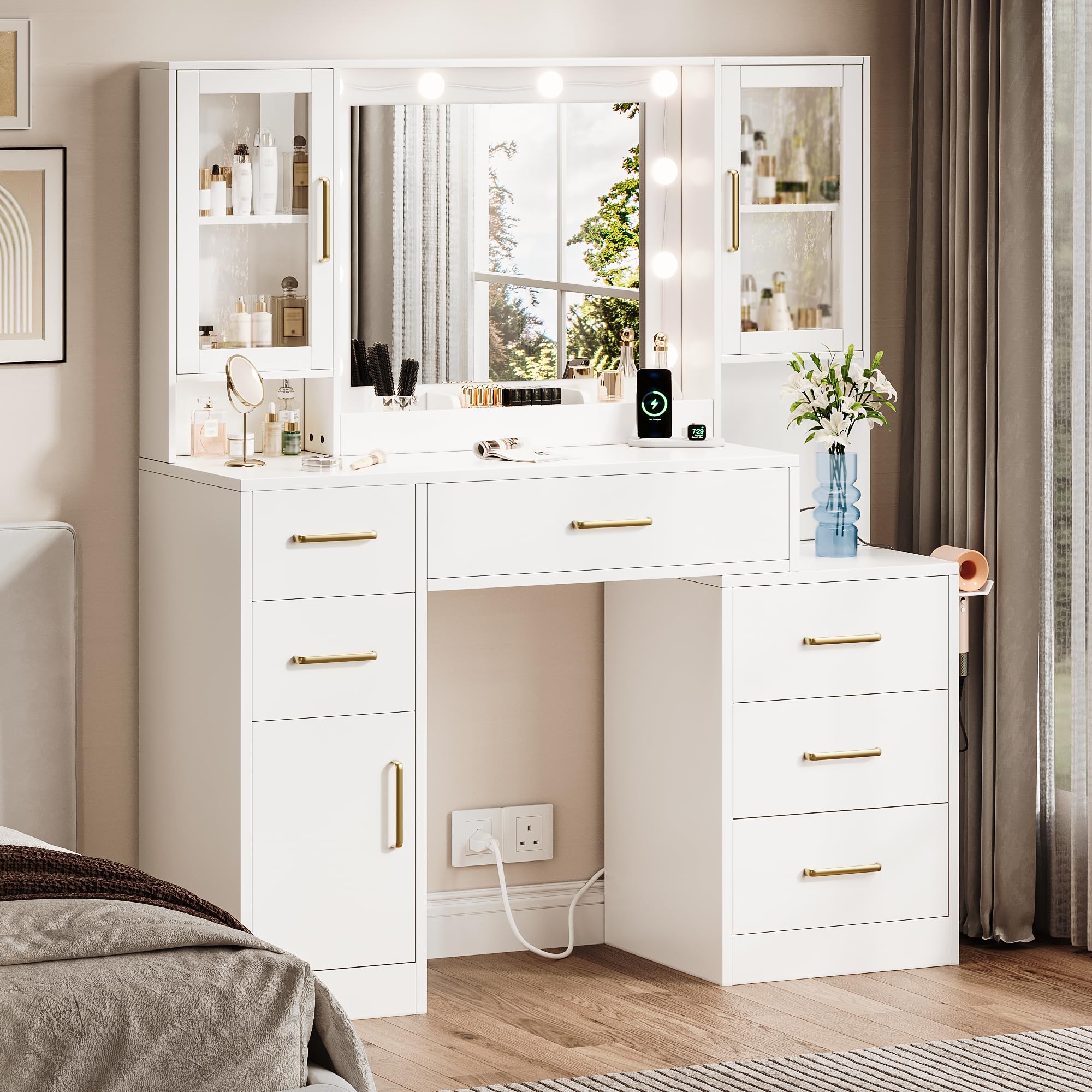 Makeup Vanity Desk with Mirror and Lights, Makeup Vanity Table with Lighted Mirror, Nightstand Dressing Table with Mirror and Lights, 51" Big Vanity with 6 Drawers &amp; Lots Storage Space for All Girls