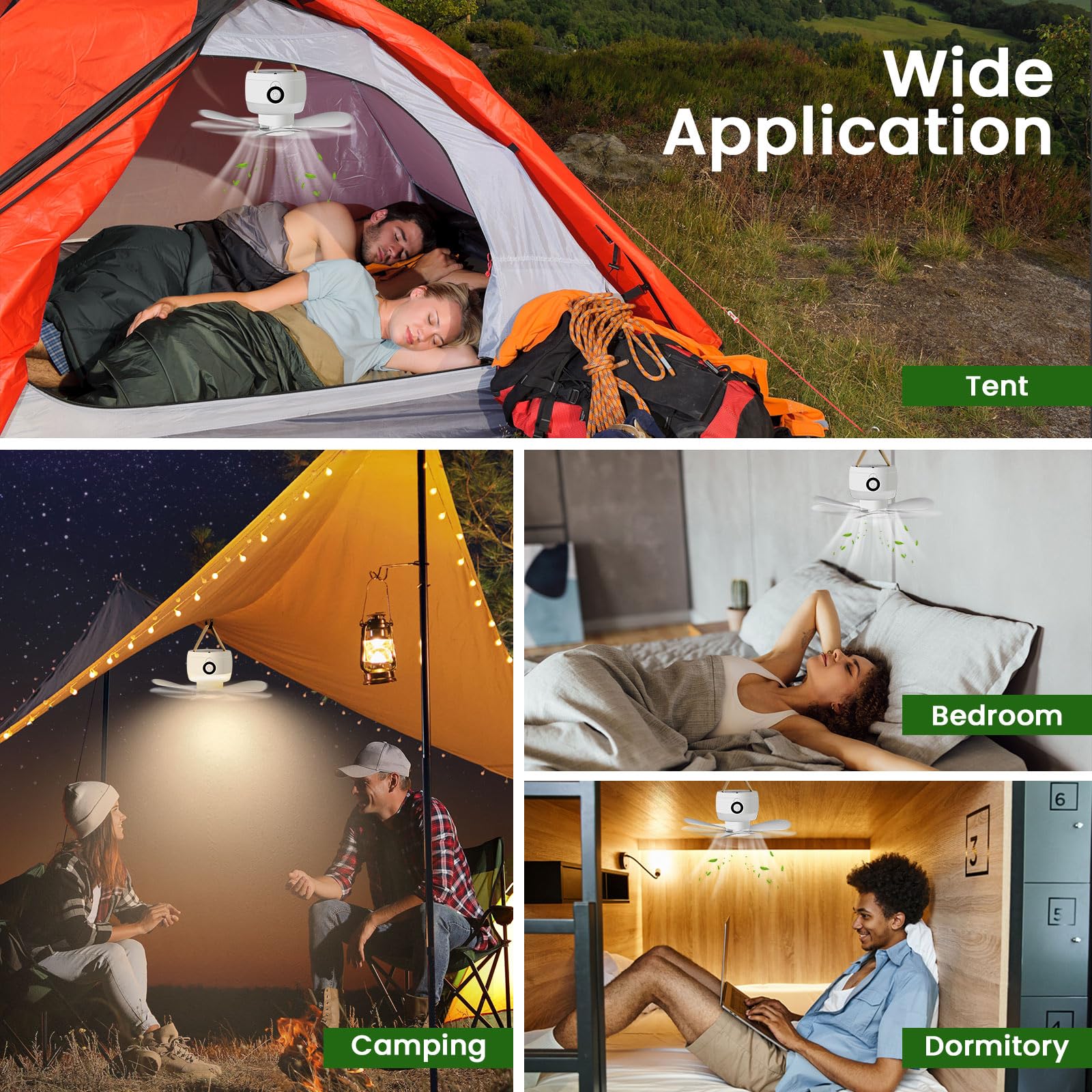 Ventilateurs de plafond de camping 8000 mAh avec lumière, ventilateurs de plafond portables rechargeables par USB et télécommande, pales de ventilateur amovibles, ventilateur à 3 vitesses, 3
