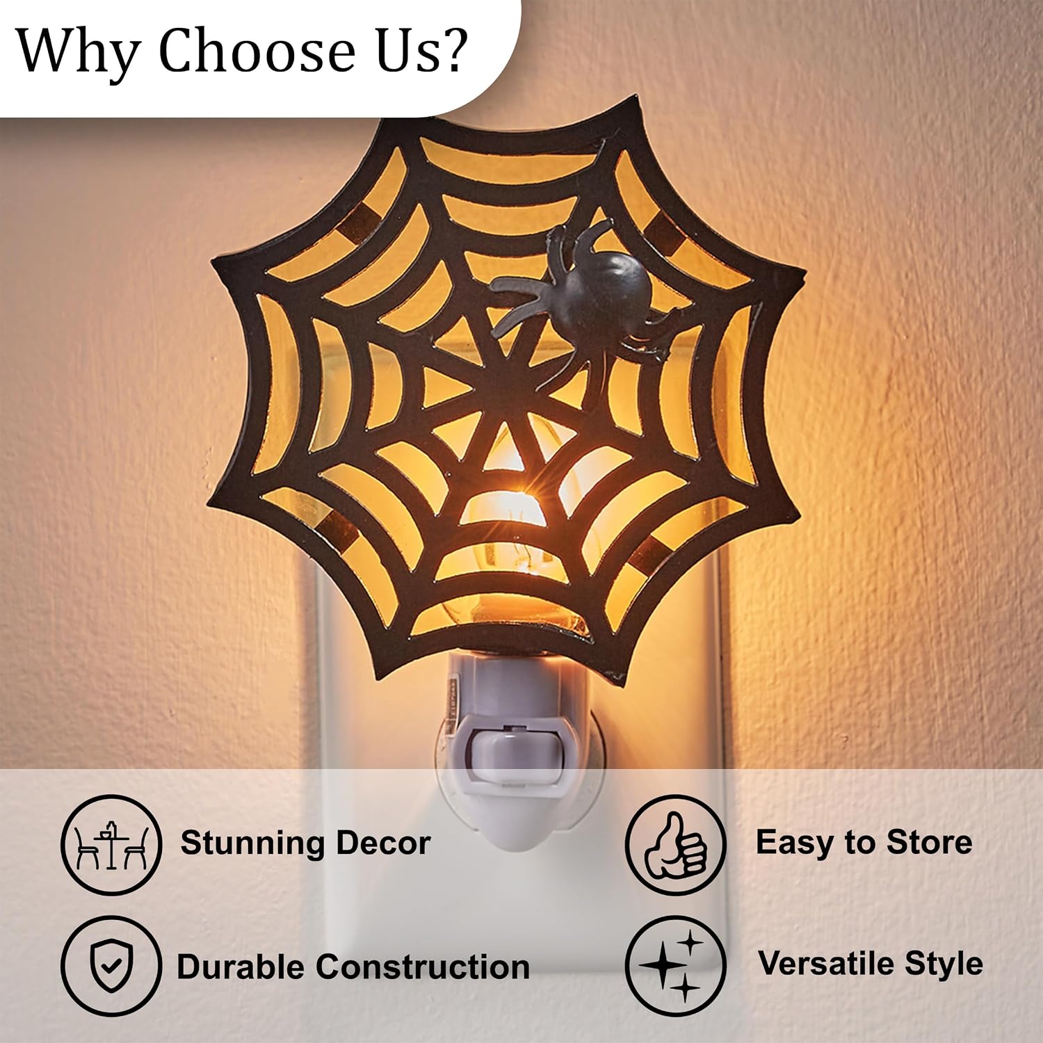Park Designs Spiderweb Night Light | 5.5" Metal Plug-in Halloween Nightlight | Black Spider Design | Rustic Farmhouse Decorative Accent for Bedroom, Hallway, Kitchen | Seasonal Fall Home Illumination