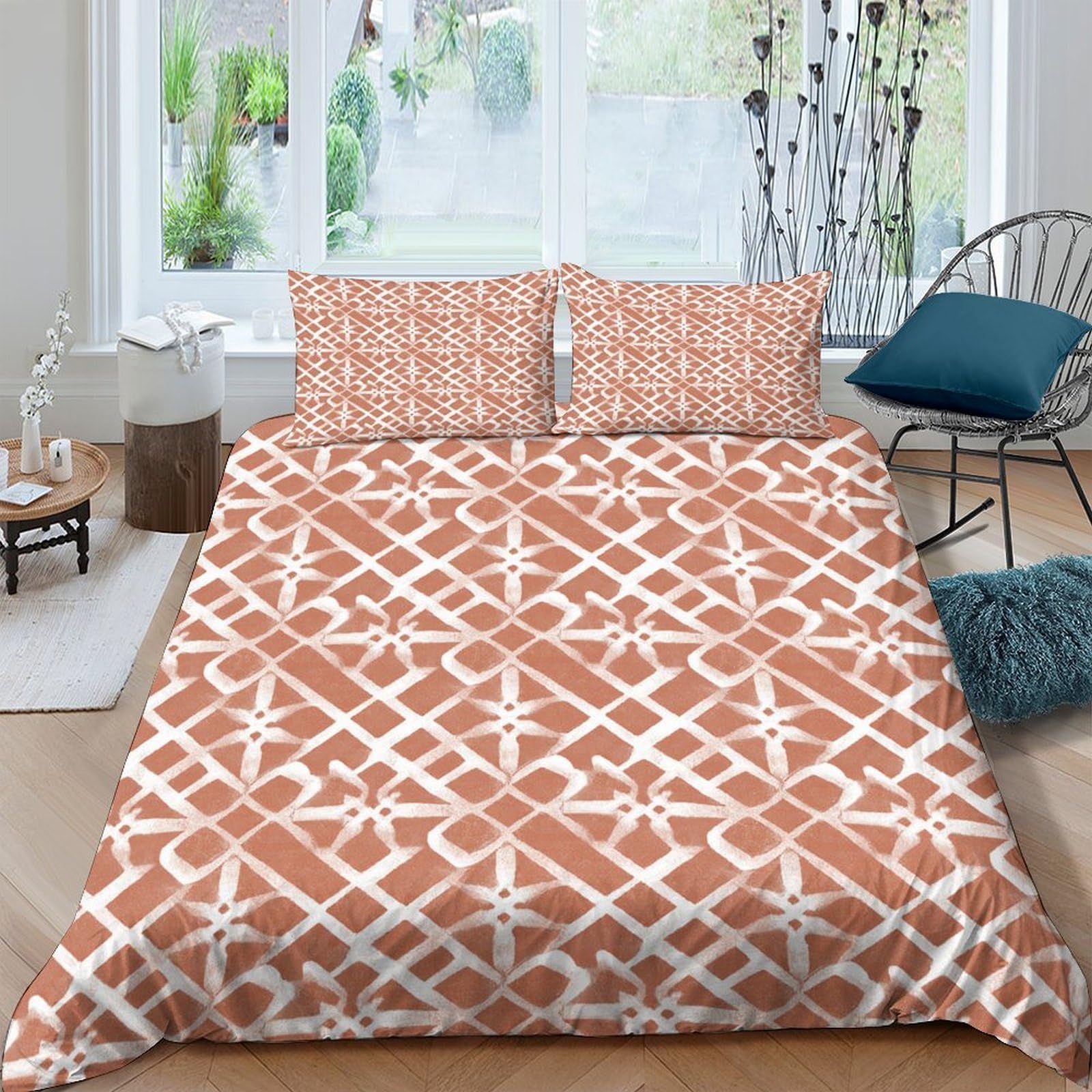 Ctjqhvkz Style-5 3D Printed Geometric Lattice Fitted Sheet Microfiber Rust Orange Mattress Cover For Bedroom Dorm Protection Decor Single（135X200cm）
